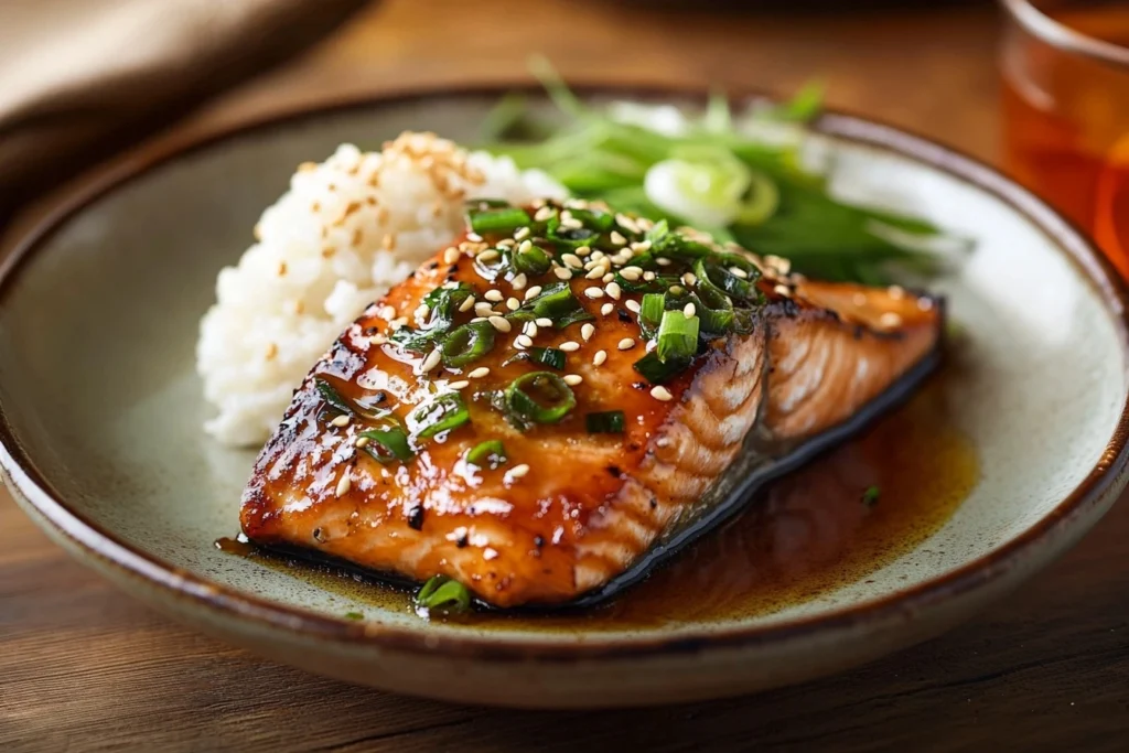 Miso Butter Salmon plated with rice and garnishes