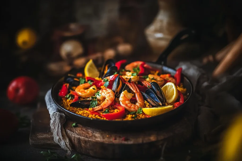 Spanish dish paella with saffron rice, shrimp, mussels, and red bell peppers