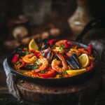 Spanish dish paella with saffron rice, shrimp, mussels, and red bell peppers