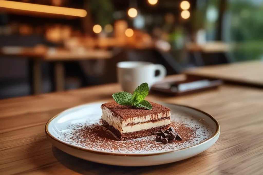Delicious homemade tiramisu with cocoa powder and mint.