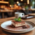 Delicious homemade tiramisu with cocoa powder and mint.