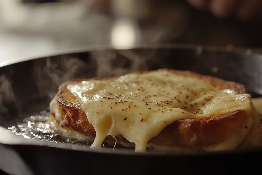 A golden Croque Monsieur cooking in a cast iron skillet with melting cheese.
