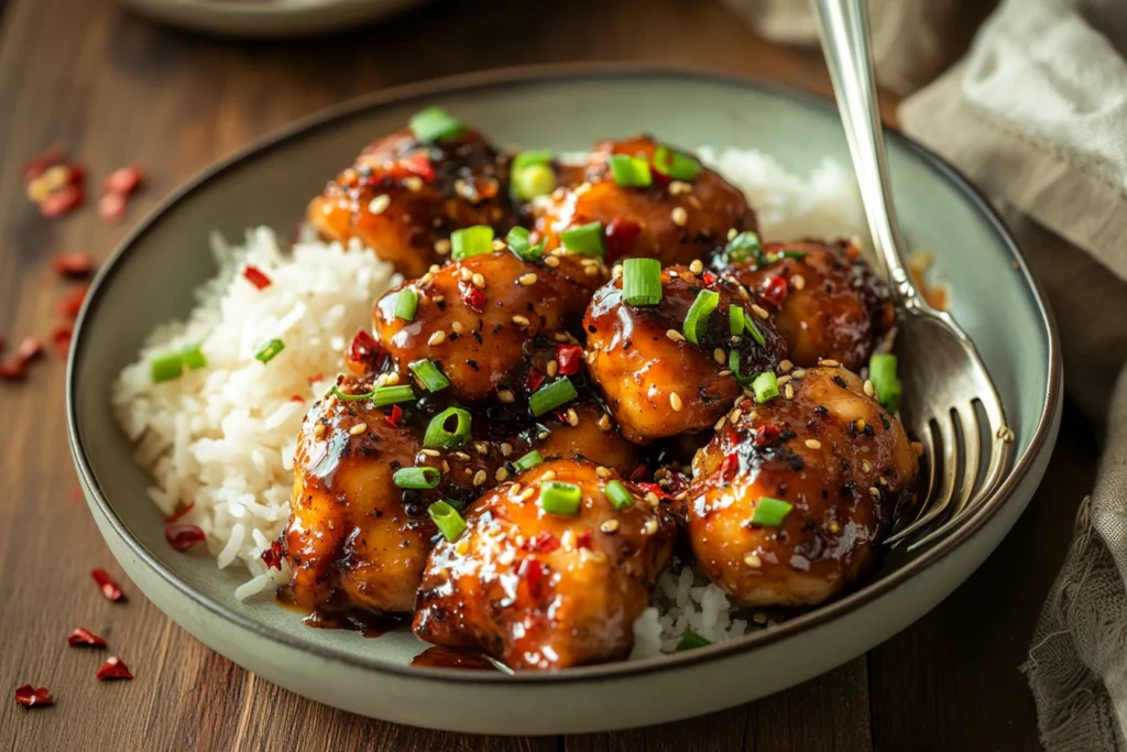 Sweet and spicy honey pepper chicken with glossy glaze