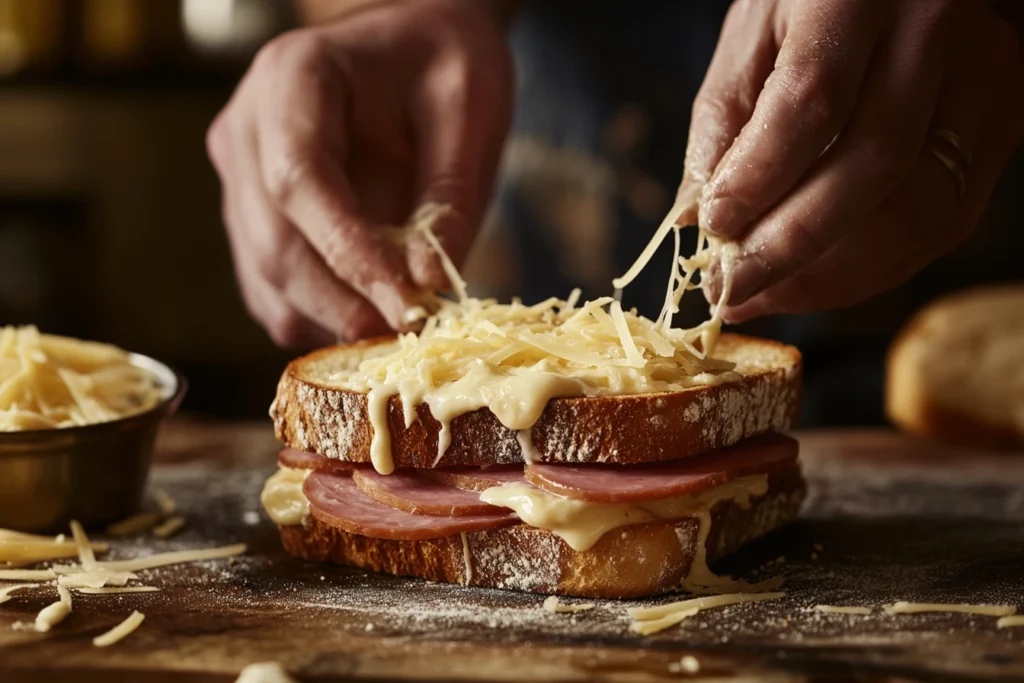 A home cook assembling a Croque Monsieur sandwich with ham, cheese, and béchamel.
