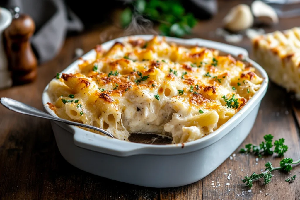 Freshly baked Garlic Parmesan Chicken Pasta Bake in a white dish