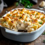 Freshly baked Garlic Parmesan Chicken Pasta Bake in a white dish