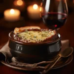 French onion short rib soup served with Gruyère toast and red wine