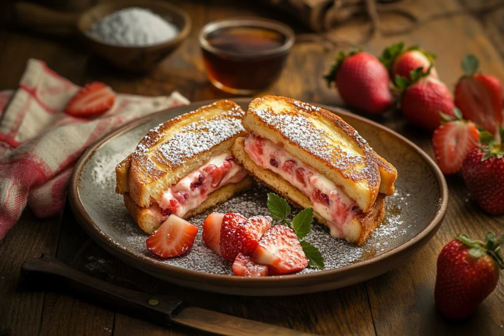 Golden-brown stuffed French toast with fresh berries and maple syrup.
