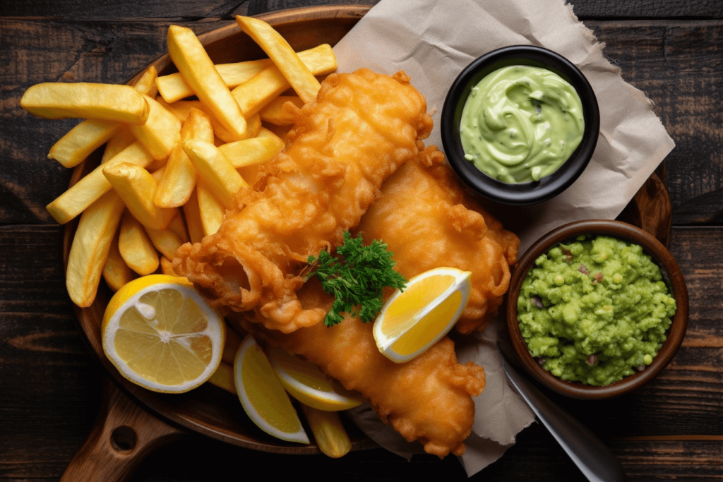 British fish and chips served with fries, tartar sauce, and peas