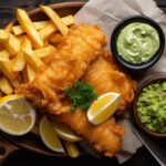 British fish and chips served with fries, tartar sauce, and peas