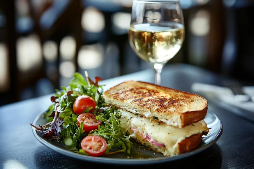 A Croque Monsieur sandwich with a side salad and a glass of white wine.