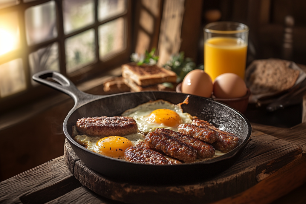 Delicious breakfast sausage patties with eggs and toast.