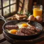 Delicious breakfast sausage patties with eggs and toast.