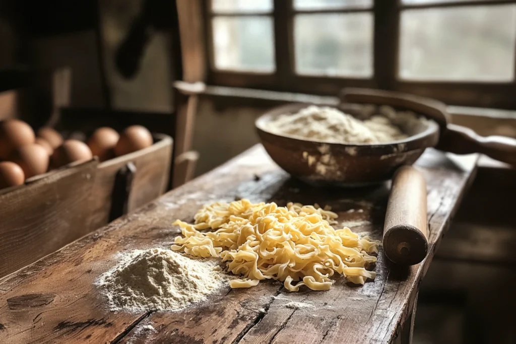 Simple egg noodle recipe – freshly made egg noodles on a wooden counter