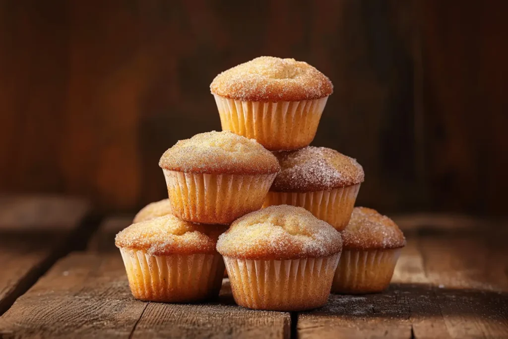 A stack of golden-brown snickerdoodle muffins coated in cinnamon sugar.