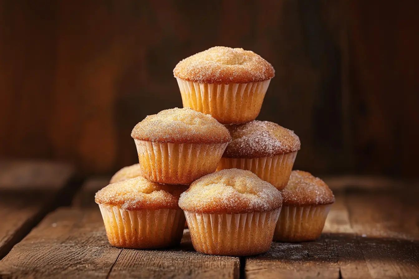 A stack of golden-brown snickerdoodle muffins coated in cinnamon sugar.