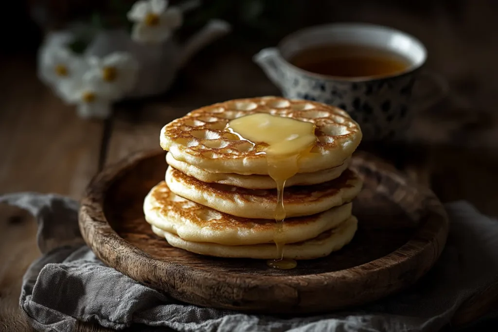 A stack of golden crumpets with butter and tea.