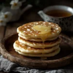 A stack of golden crumpets with butter and tea.