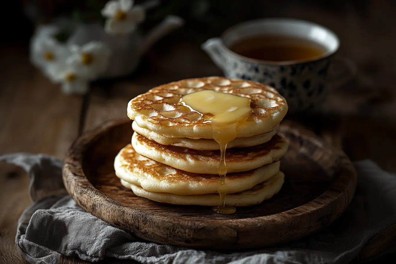 A stack of golden crumpets with butter and tea.