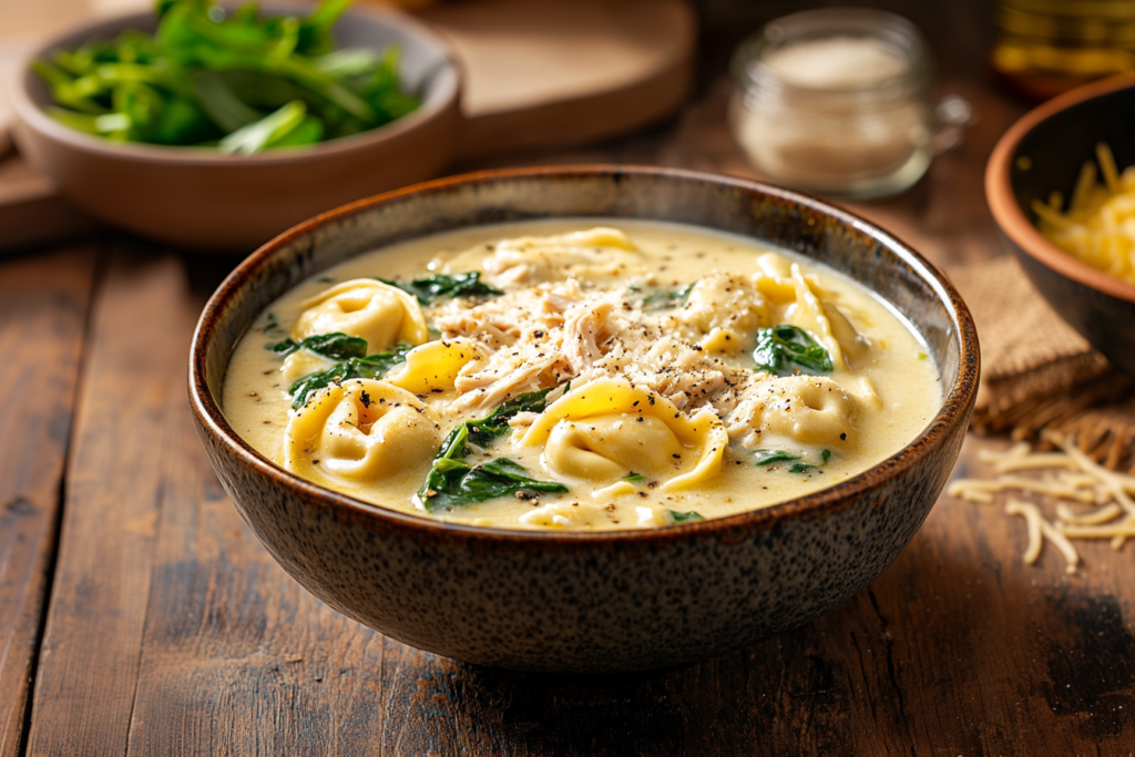 A warm bowl of creamy chicken tortellini soup with parmesan.