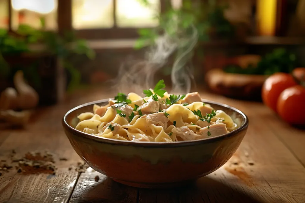 A comforting bowl of chicken and egg noodles garnished with fresh parsley.