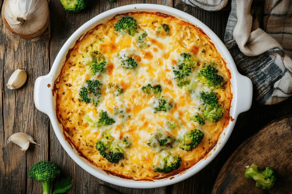 Cheesy broccoli rice casserole fresh out of the oven
