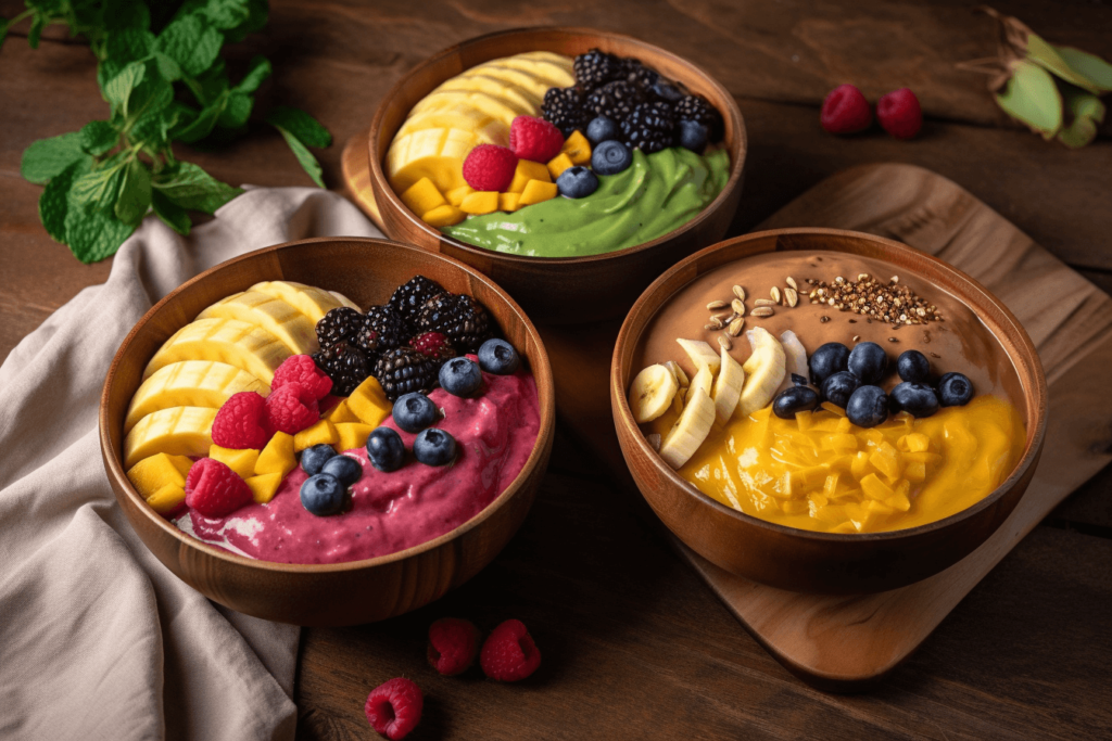 Three different acai bowl styles